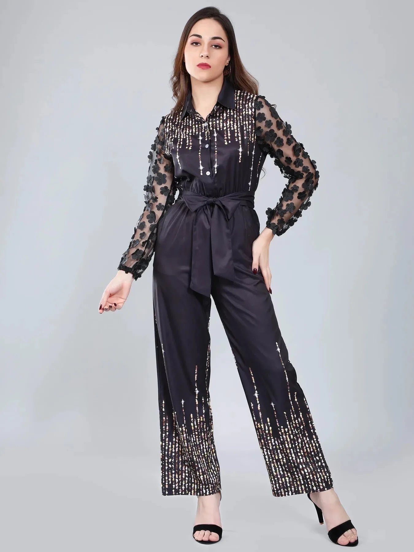 Tulle Sleeves Printed Jumpsuit