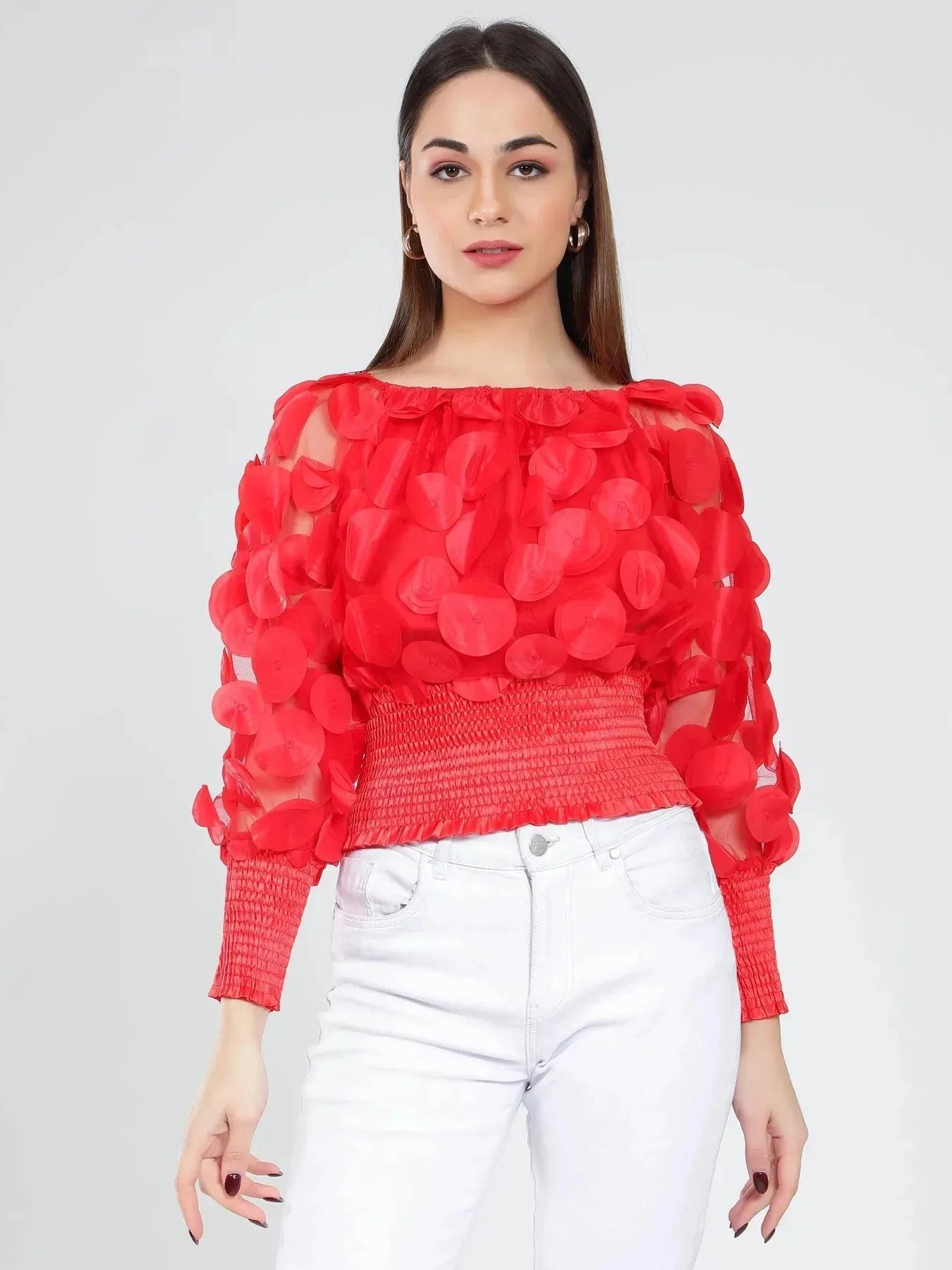 Lantern Sleeve Mesh Ruched Blouse