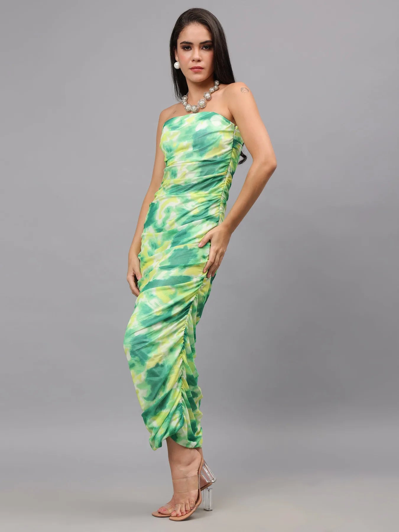 Ruched Printed Tulle Dress