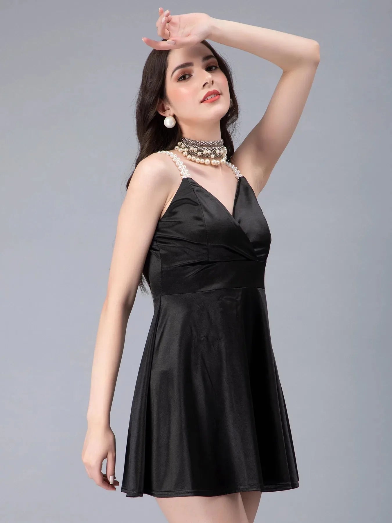 Pearl Straps Front Overlap Dress
