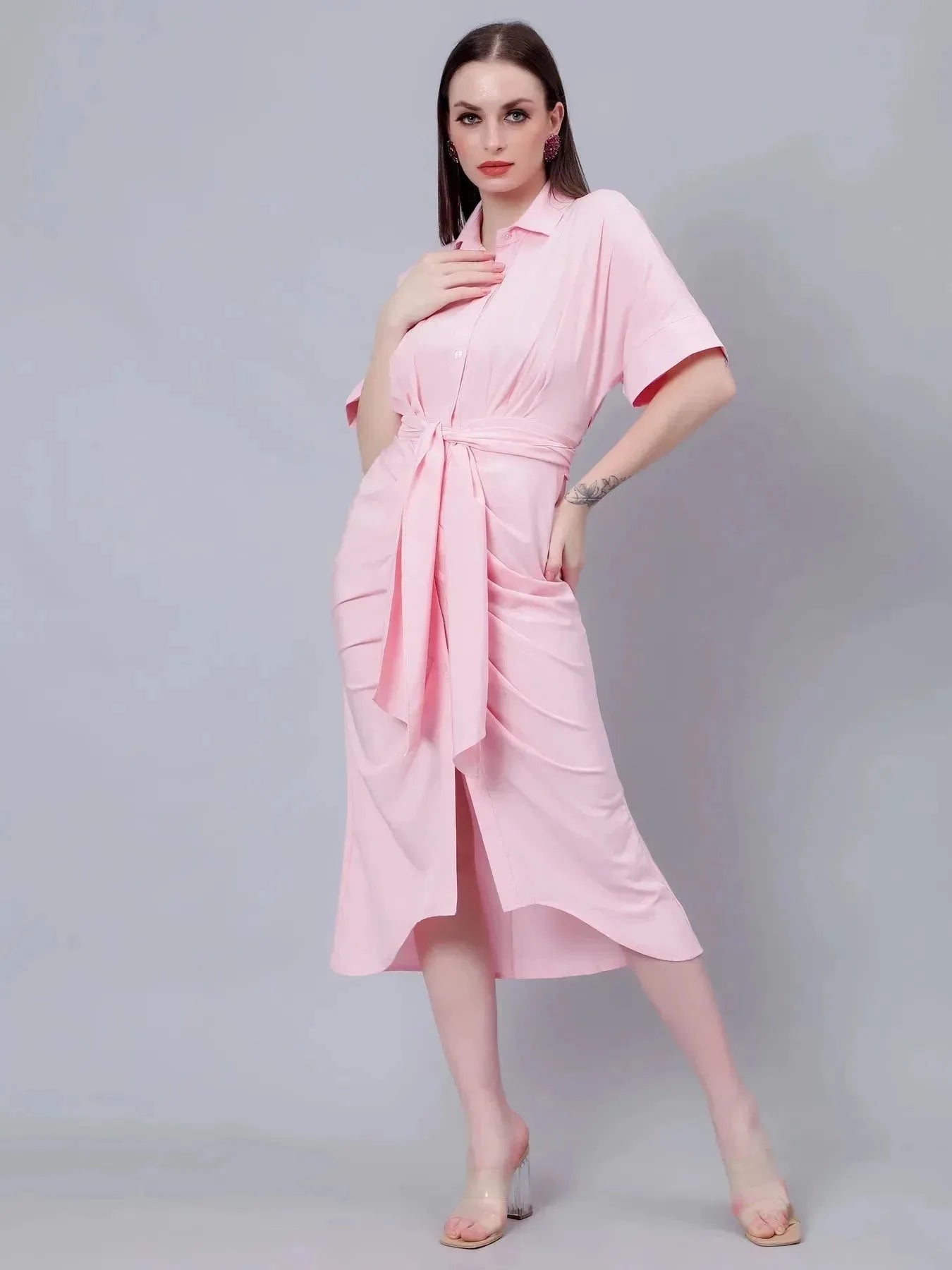 Cinched Waist Belted Shirt Dress