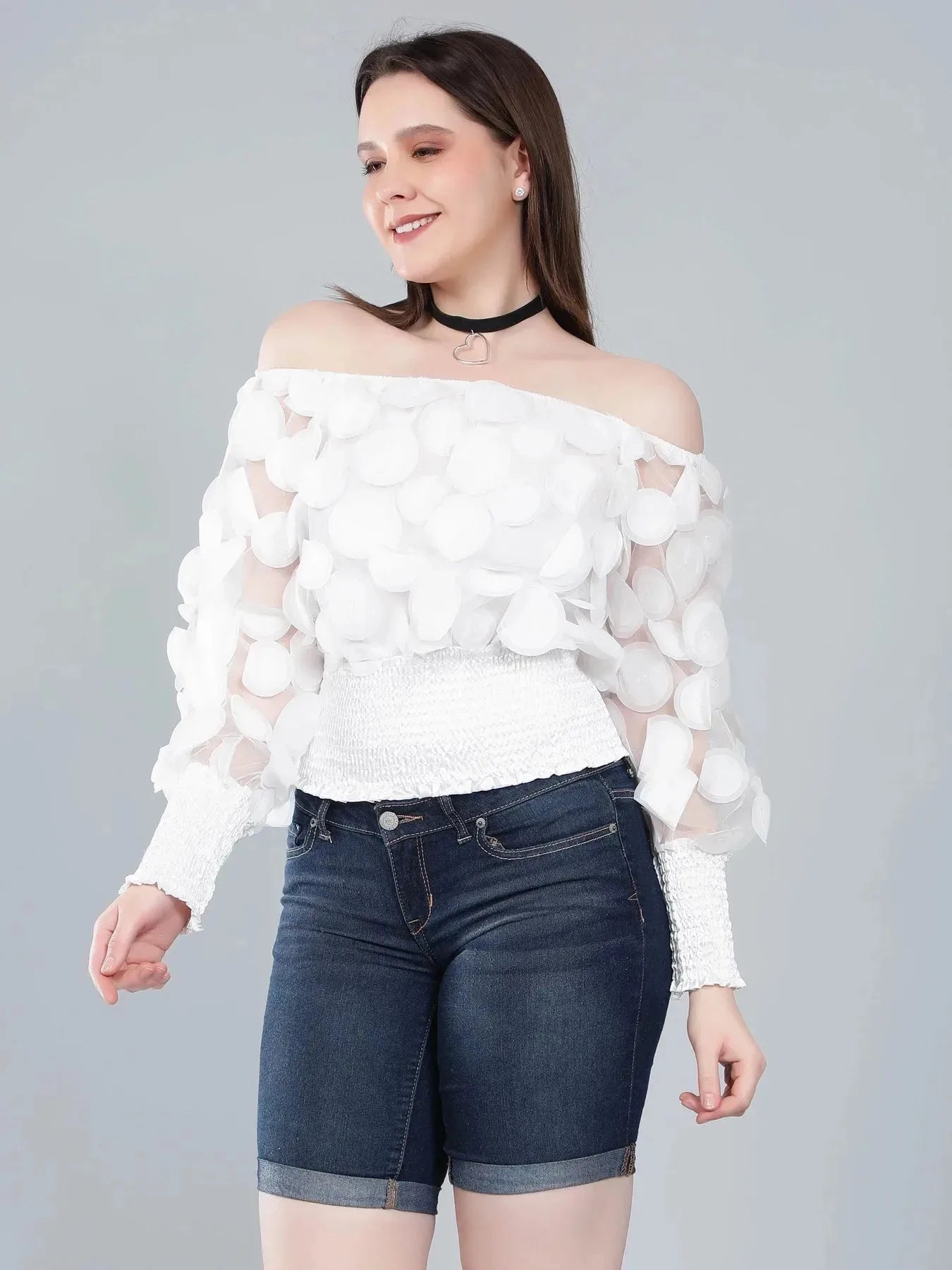 Lantern Sleeve Mesh Ruched Blouse