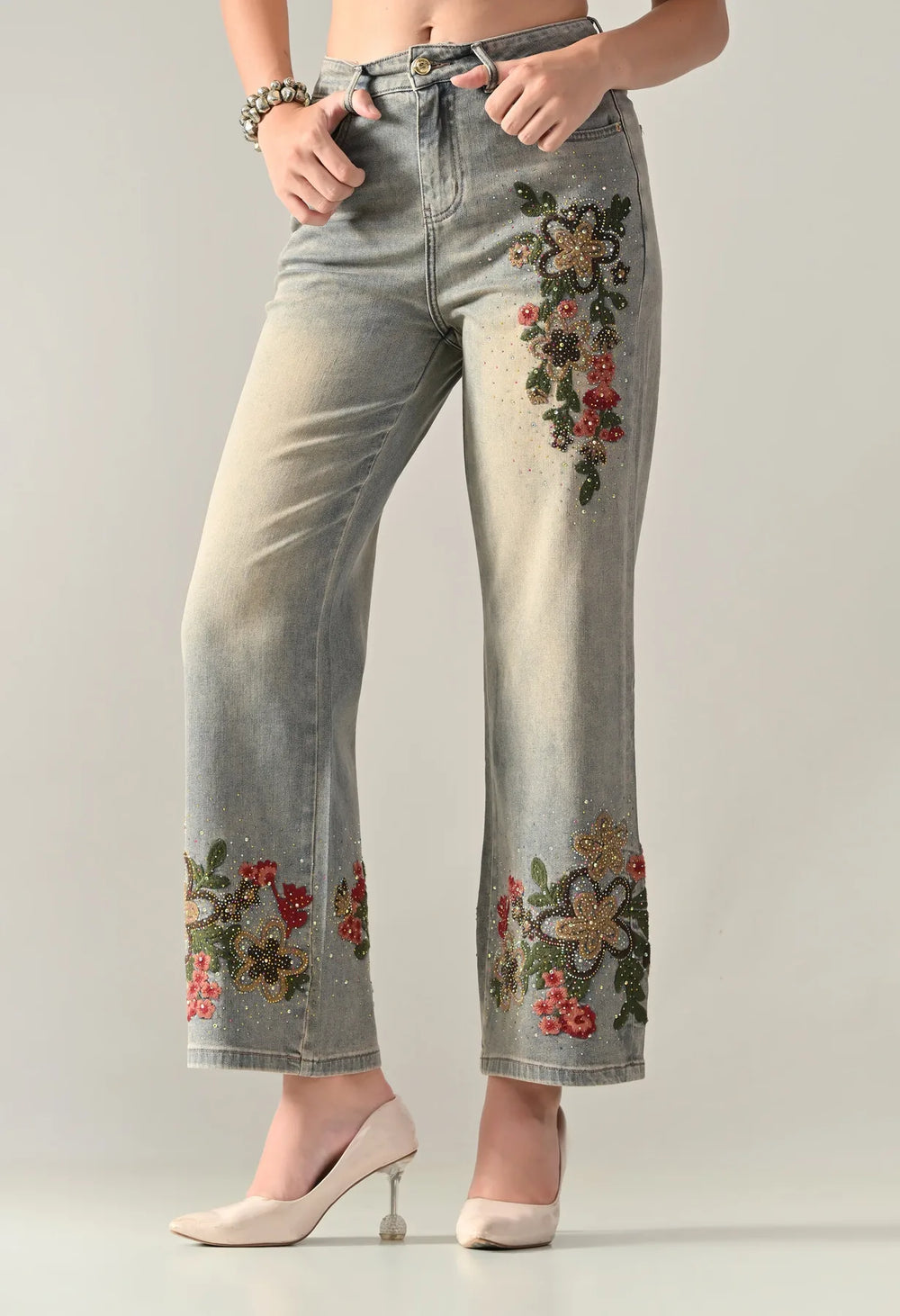 Rhinestone Embroidered Jeans