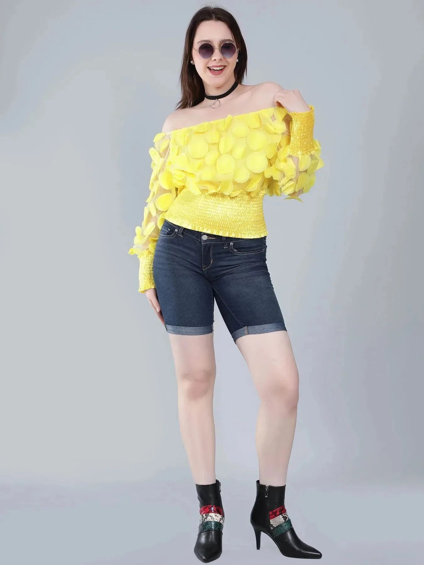 Lantern Sleeve Mesh Ruched Blouse