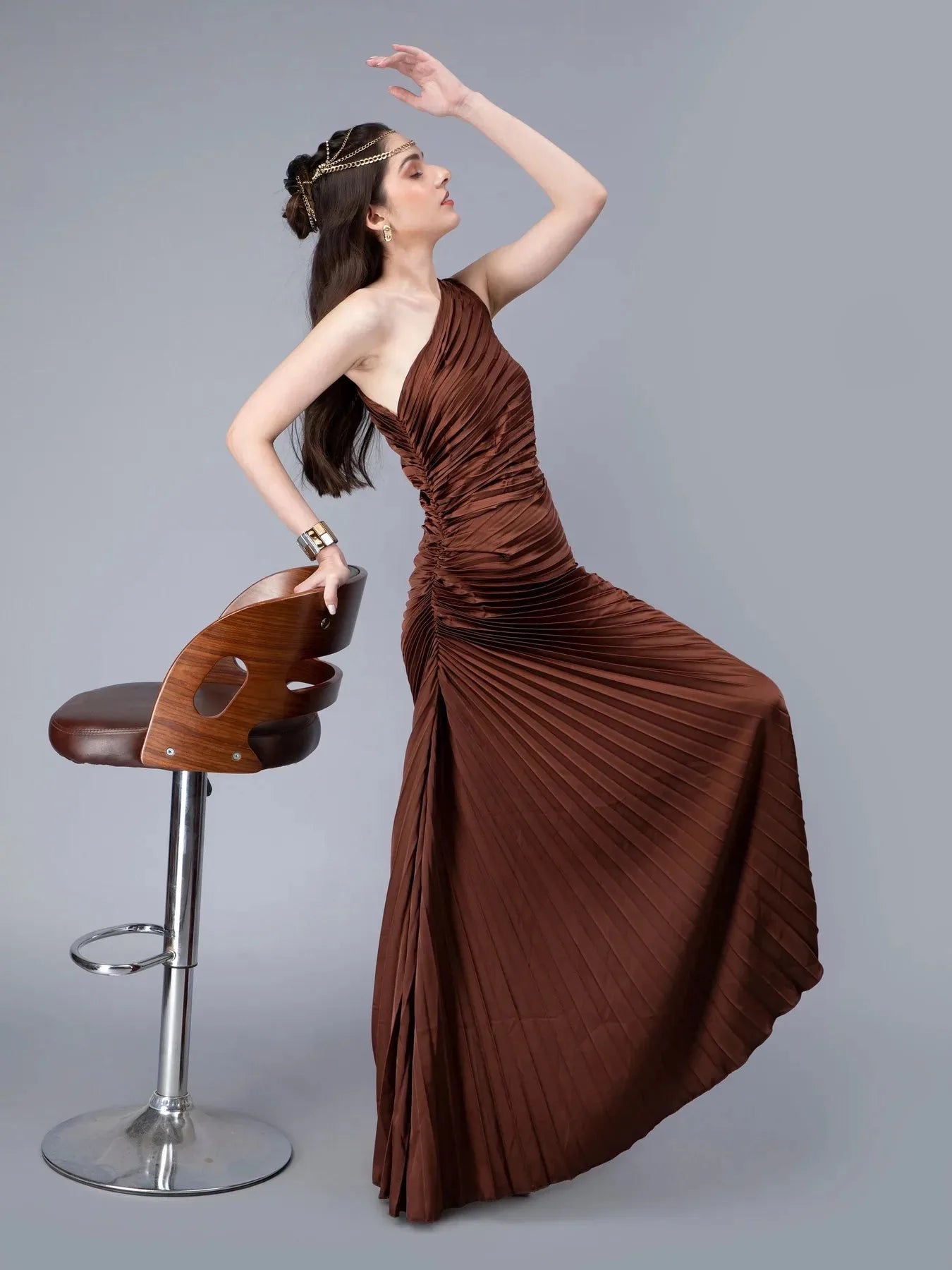 Fan Pleats One-Shoulder Dress