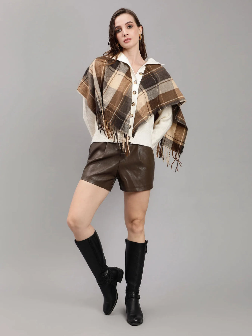 Plaid Cape Knitted Cardigan
