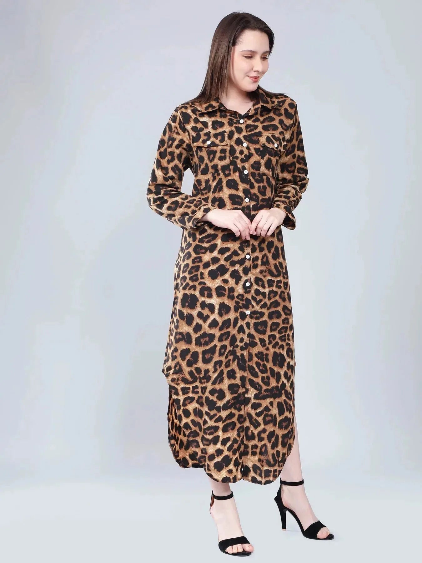 Leopard Print Long Shirt Dress