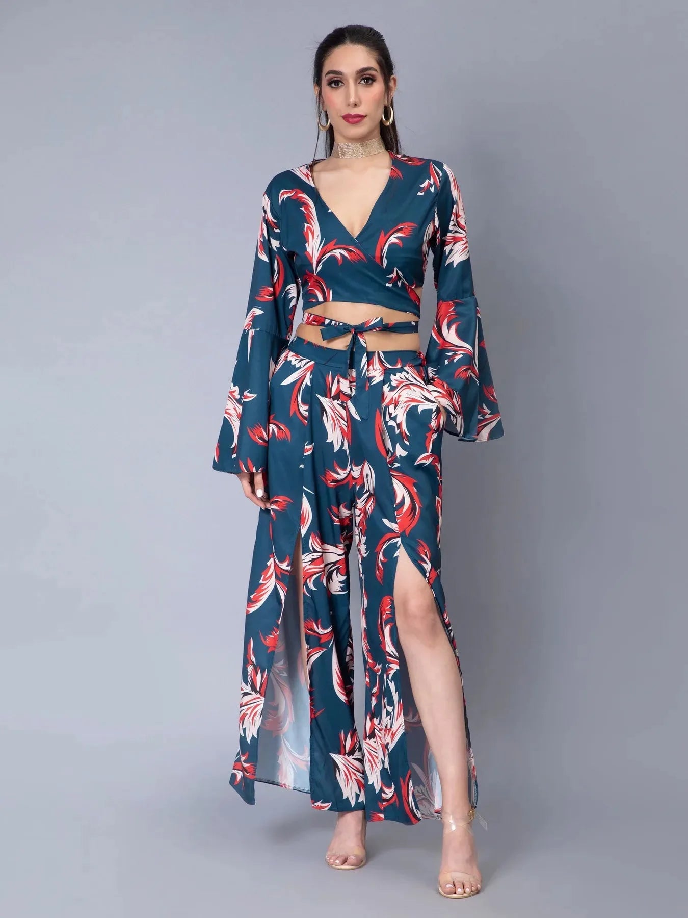 Tie Belt Wrap Top With Pants Set