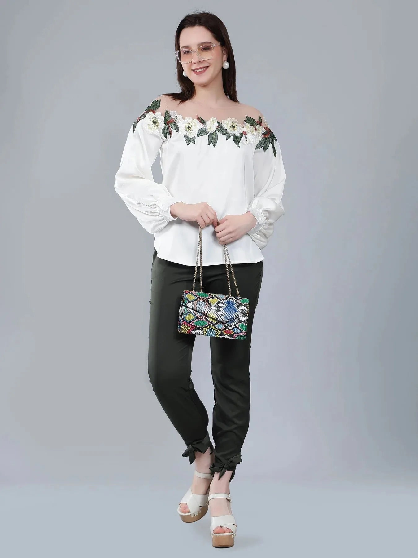 Flower Embroidery Satin Blouse