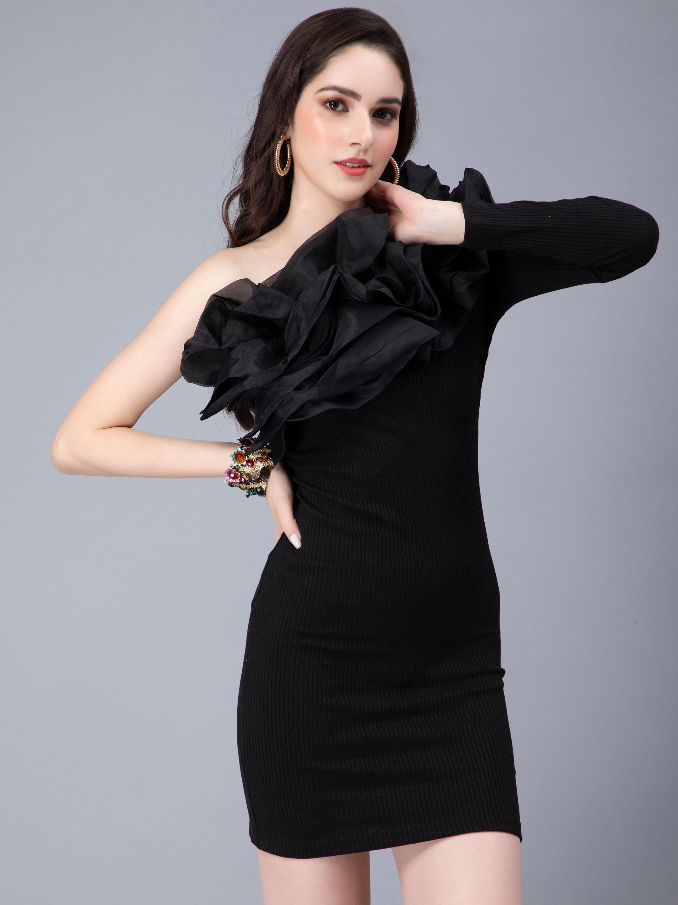 One Shoulder Ruffle Rib Knit Dress