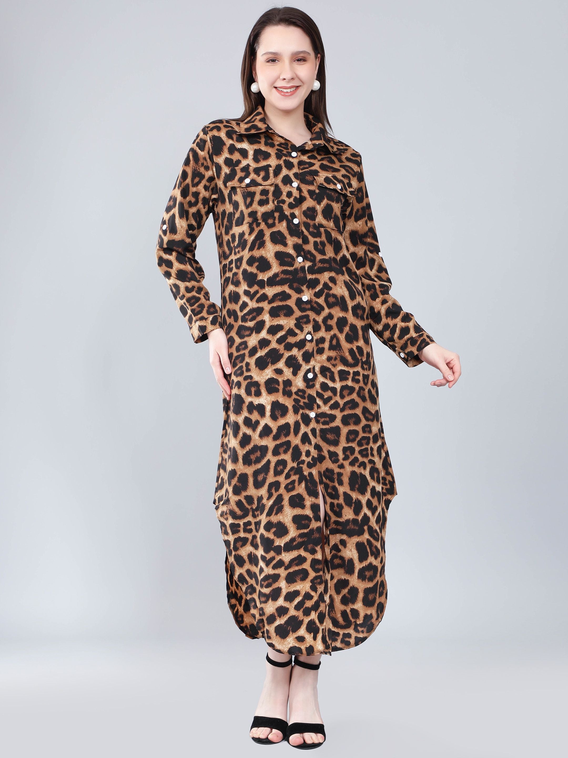 Leopard Print Long Shirt Dress