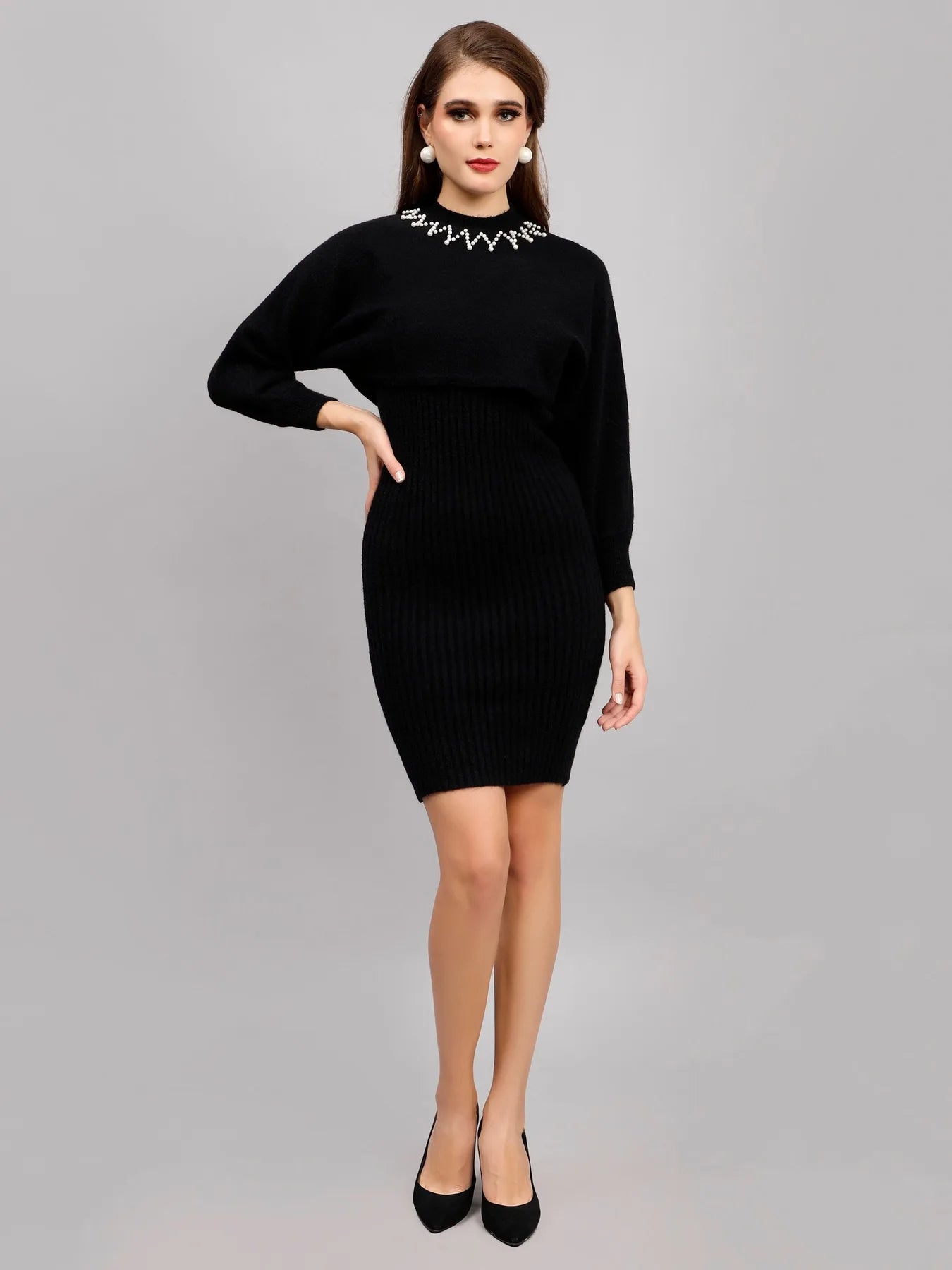 Pearl Embellished Winter Knitted Two-Piece Set