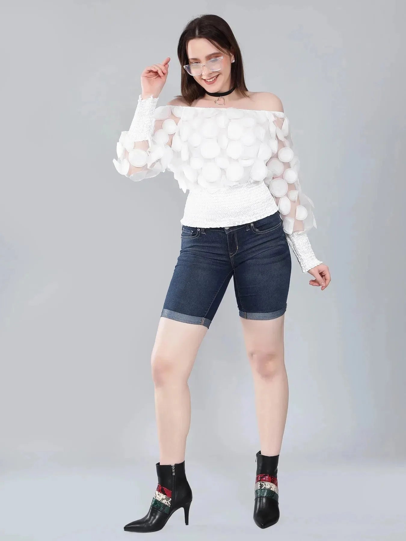 Lantern Sleeve Mesh Ruched Blouse