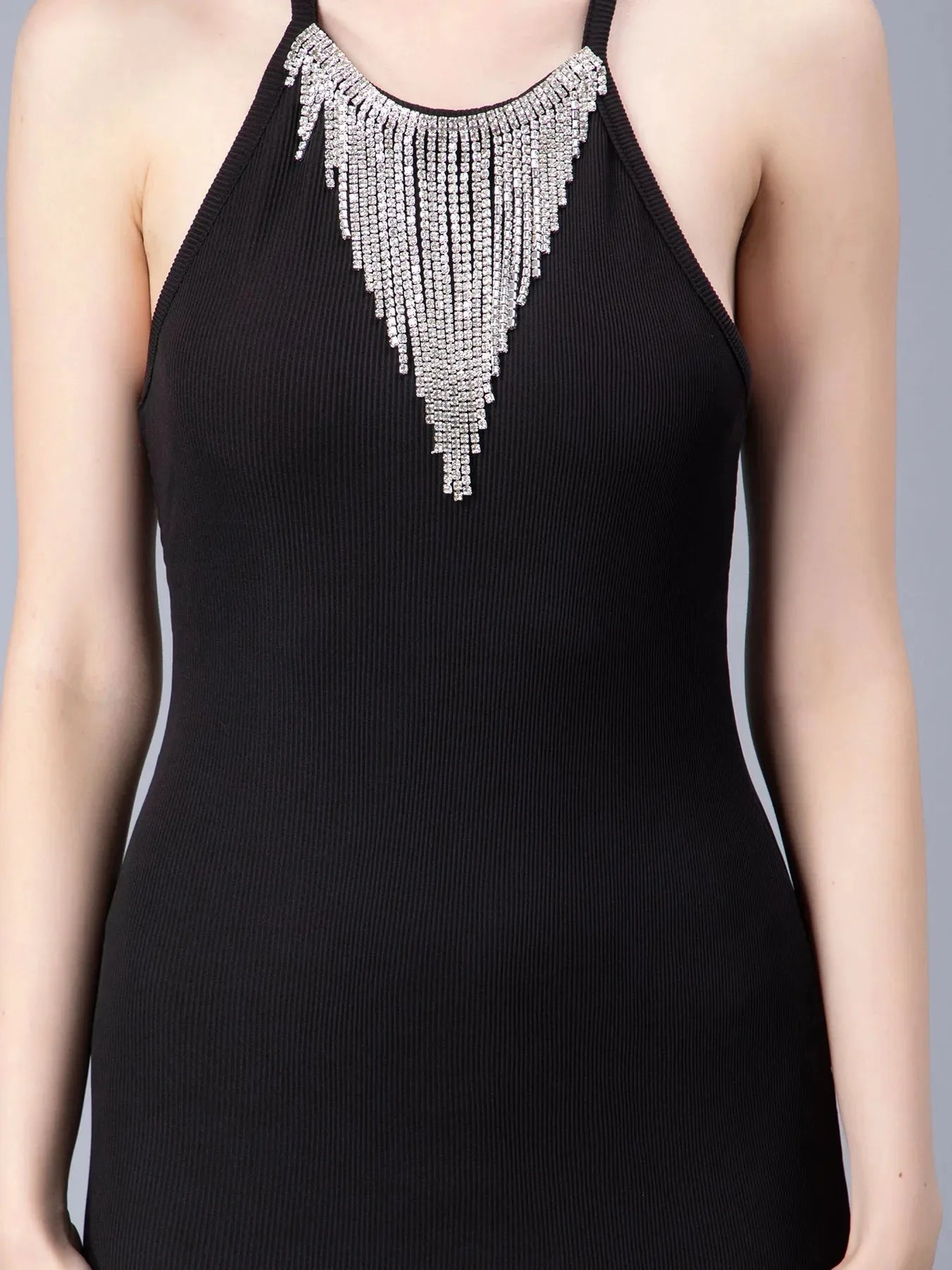 Halter Rhinestone Fringes Necklace Dress