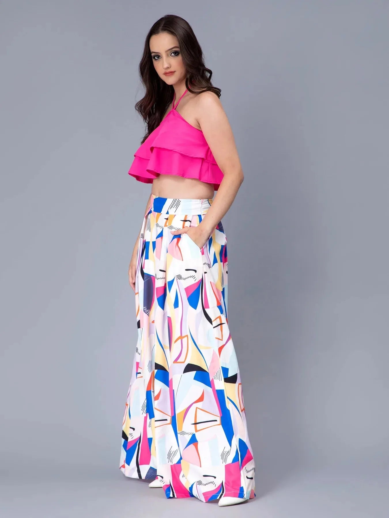 Ruffle Cami And Abstract Print Pants Set