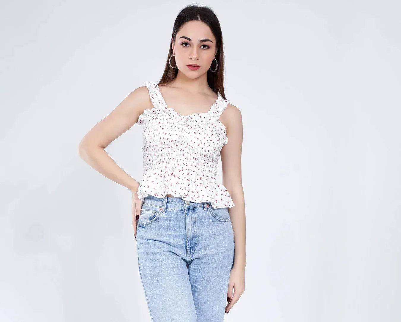 Smocking Cherry Print Top