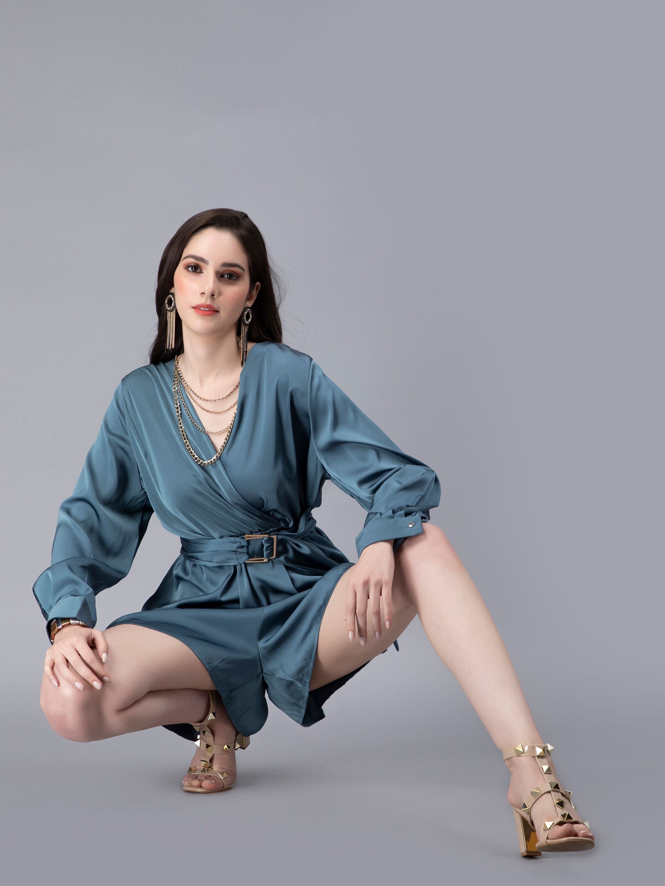Front Overlap Flair Satin Playsuit