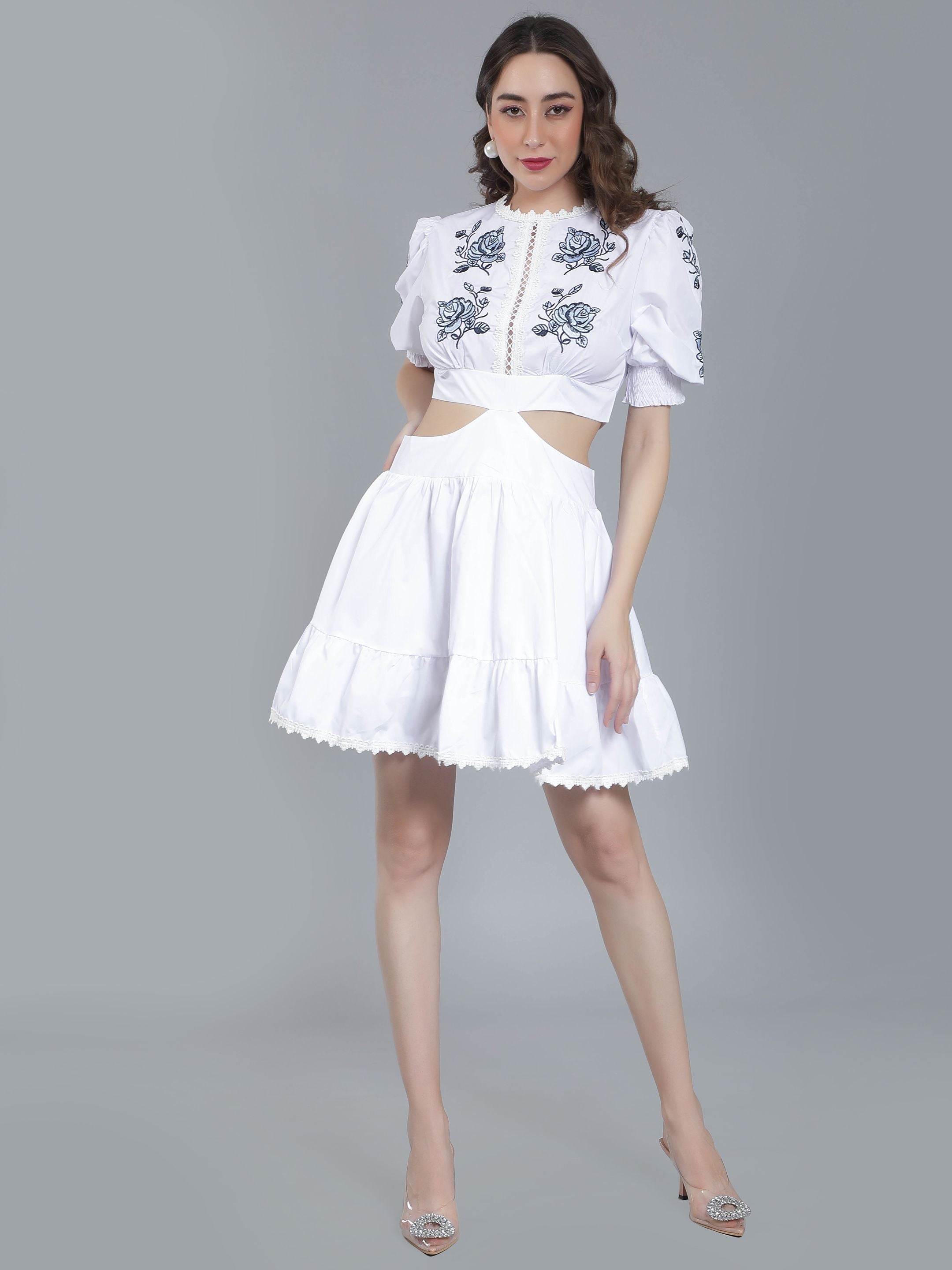 Flower Embroidery Waist Cut Out Dress