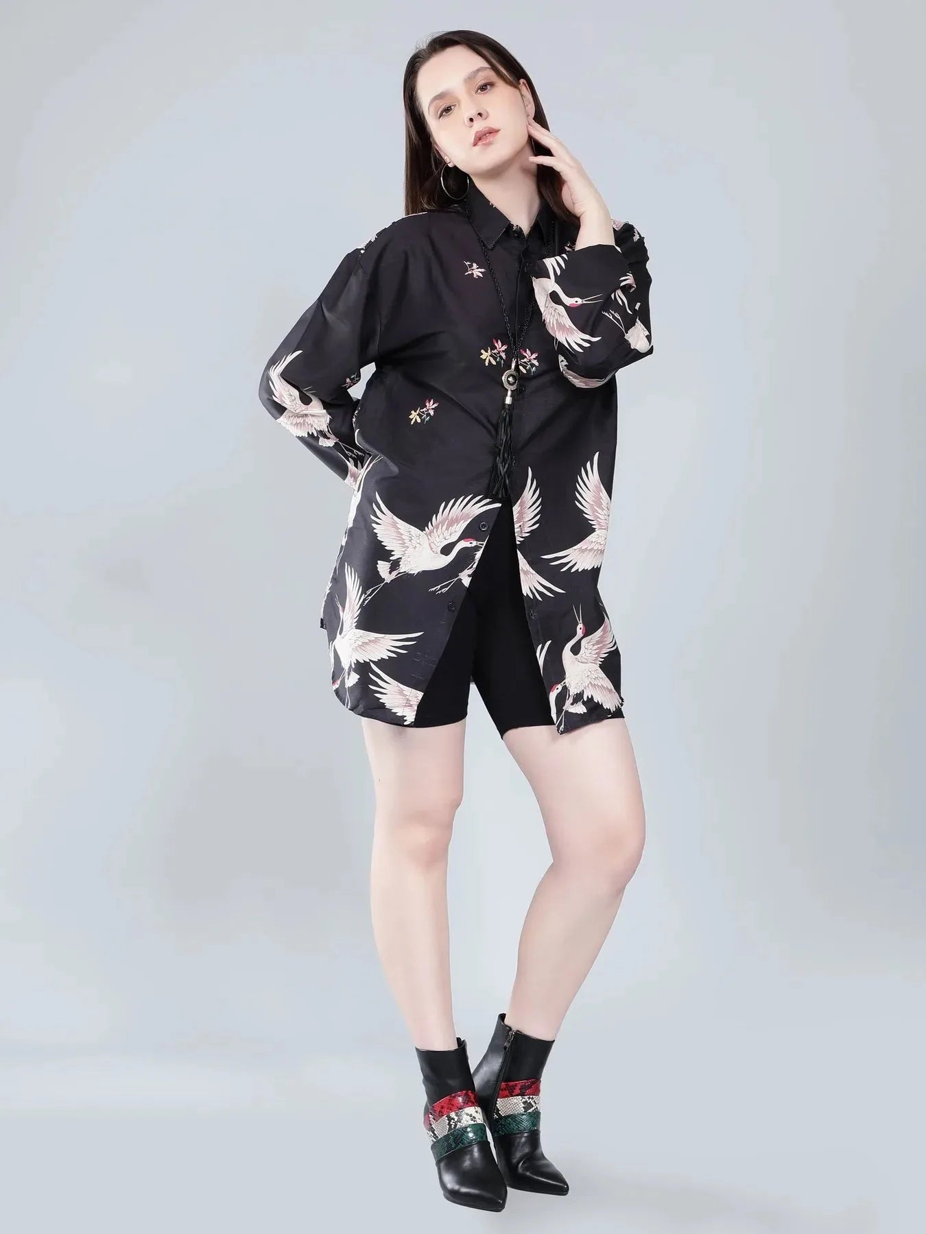 Crane Print Oversized Shirt
