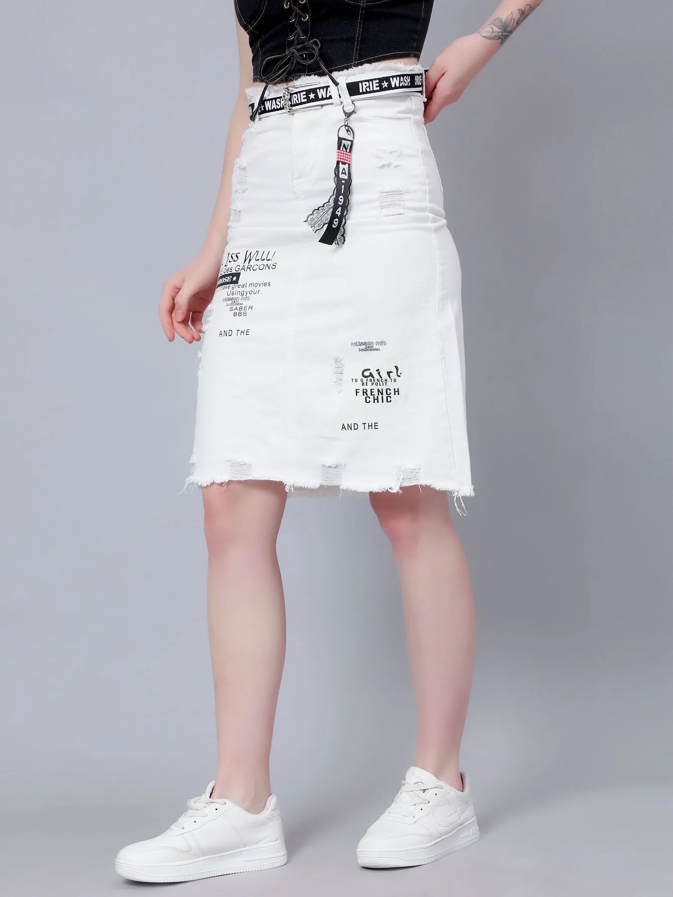 Denim Letter Print Fray Skirt