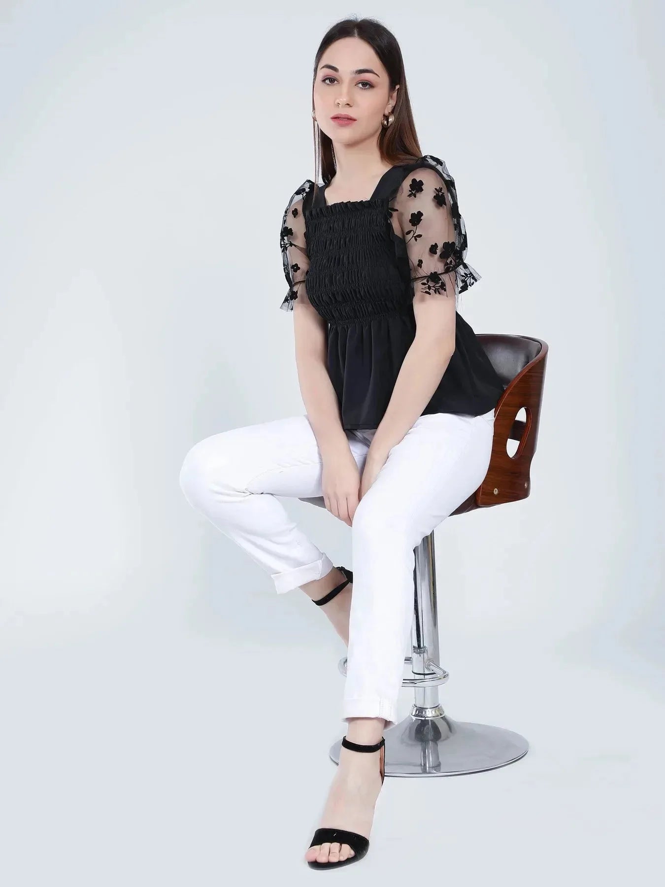 Flock Print Tulle Sleeves Smocking Top