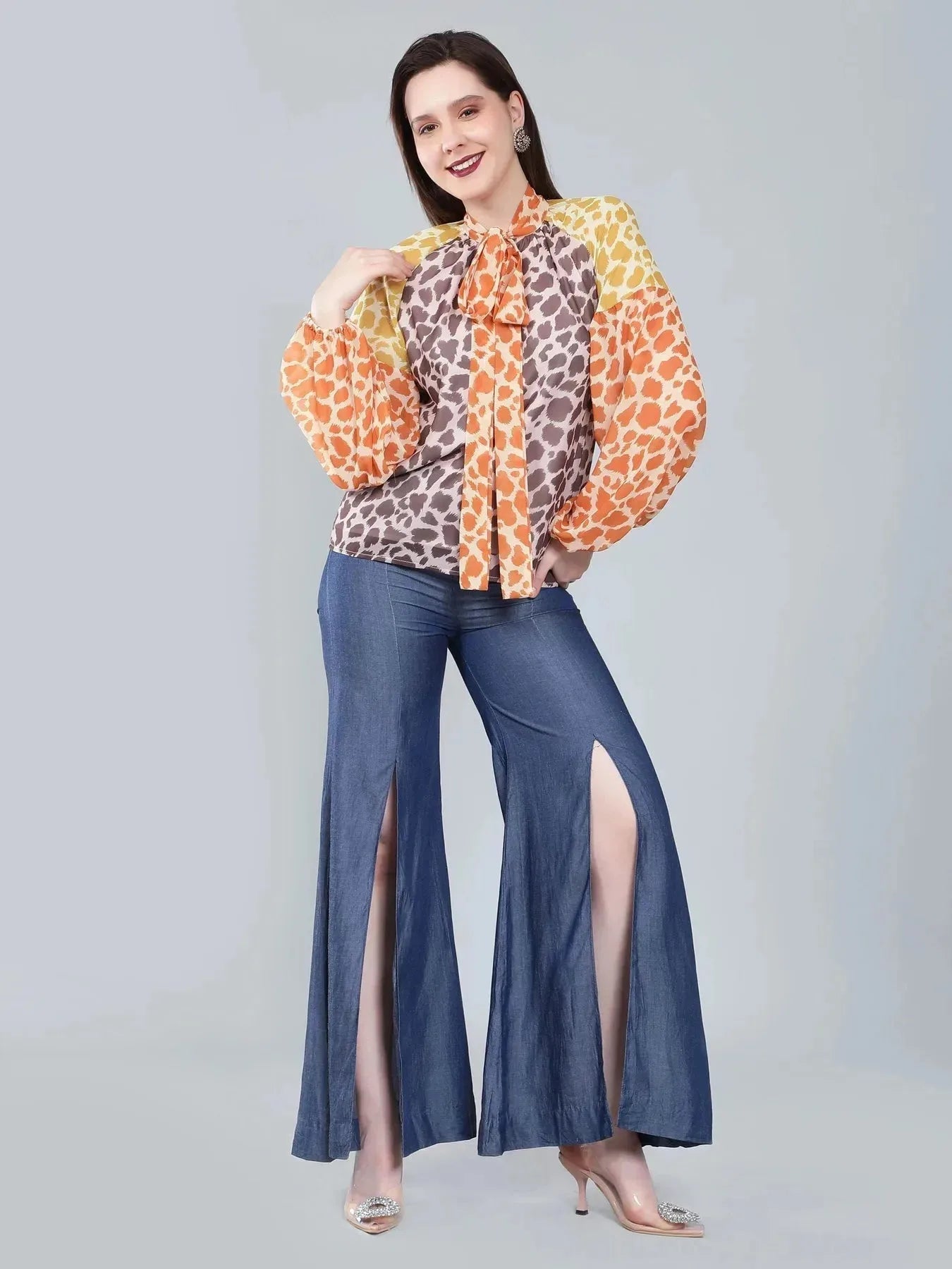 Leopard Print Colorblock Tie Neck Blouse