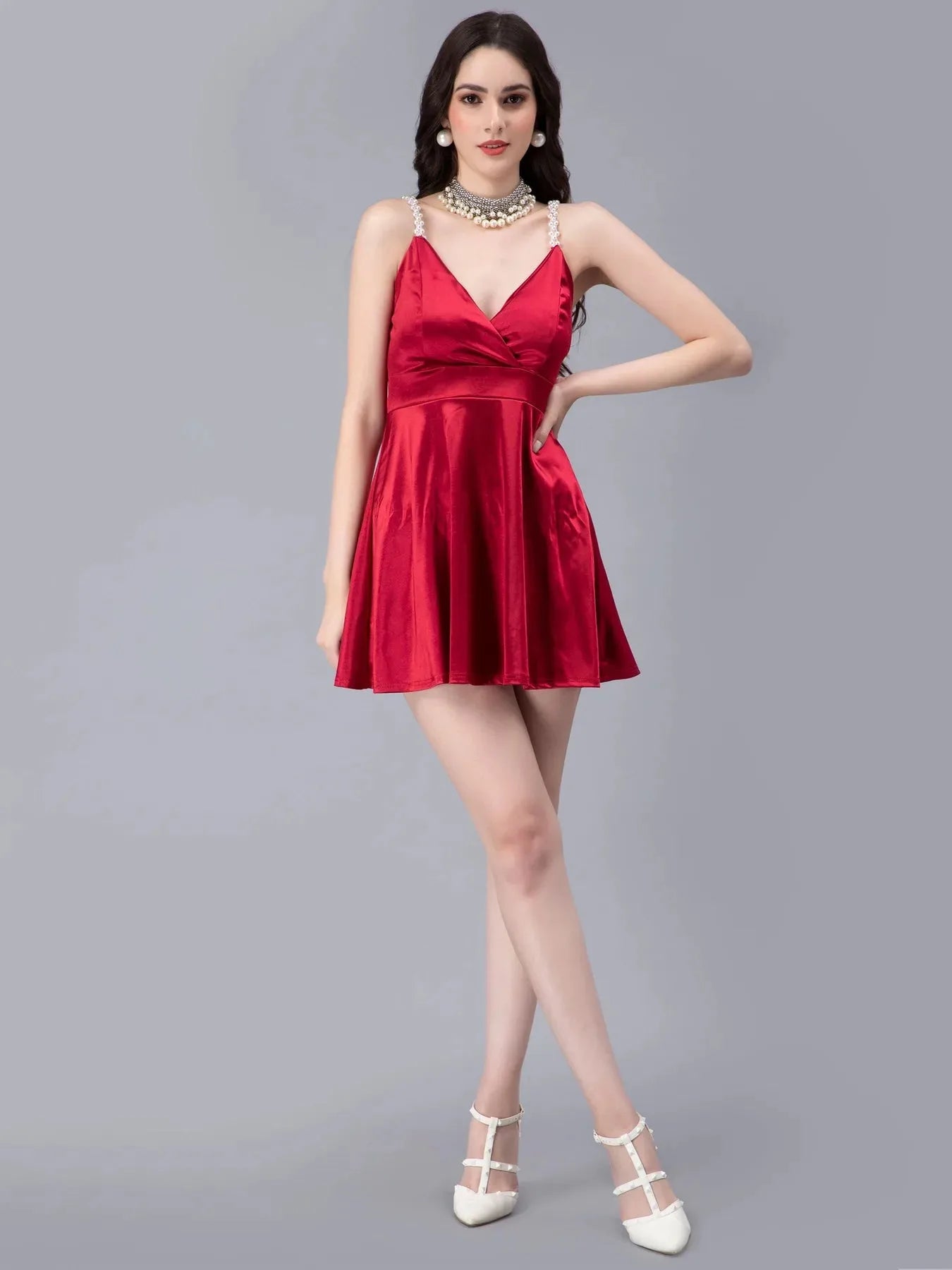 Pearl Straps Front Overlap Dress