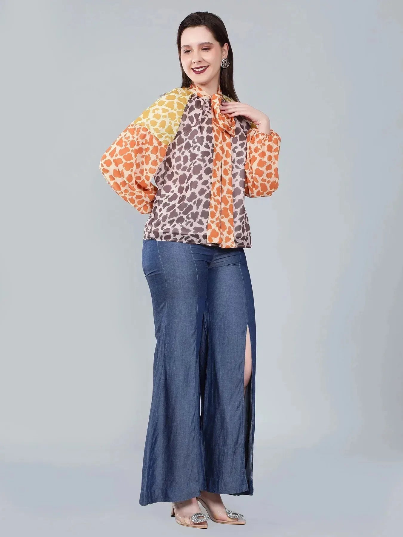 Leopard Print Colorblock Tie Neck Blouse