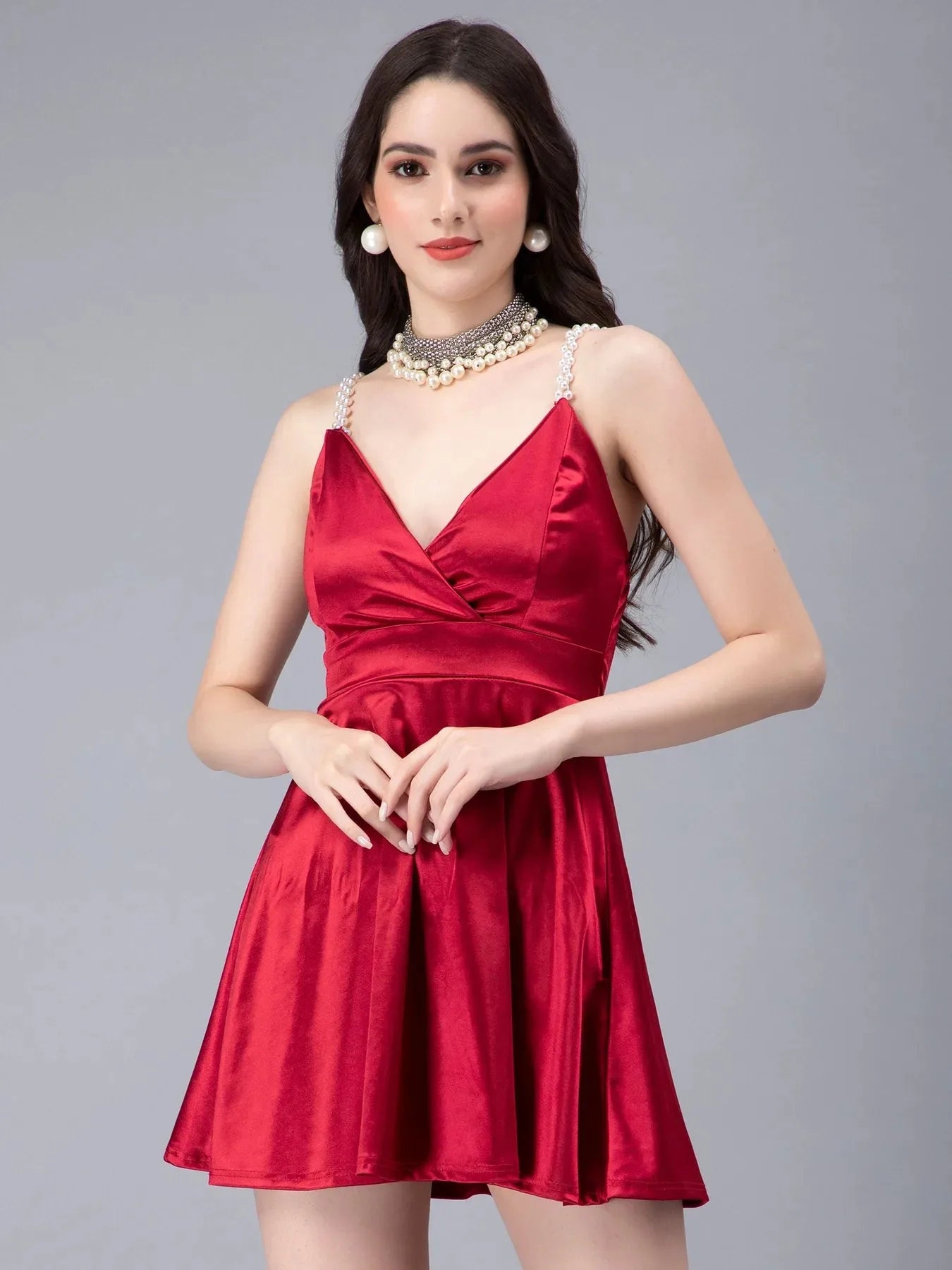 Pearl Straps Front Overlap Dress