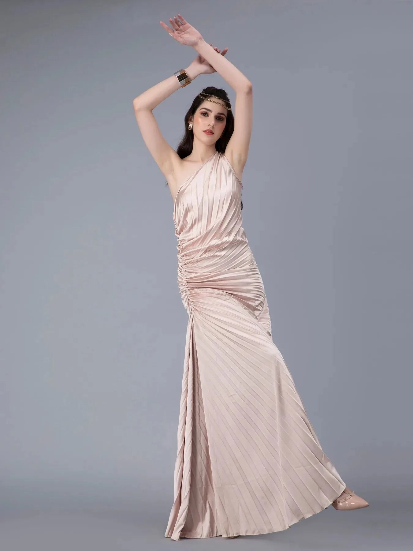 Fan Pleats One-Shoulder Dress