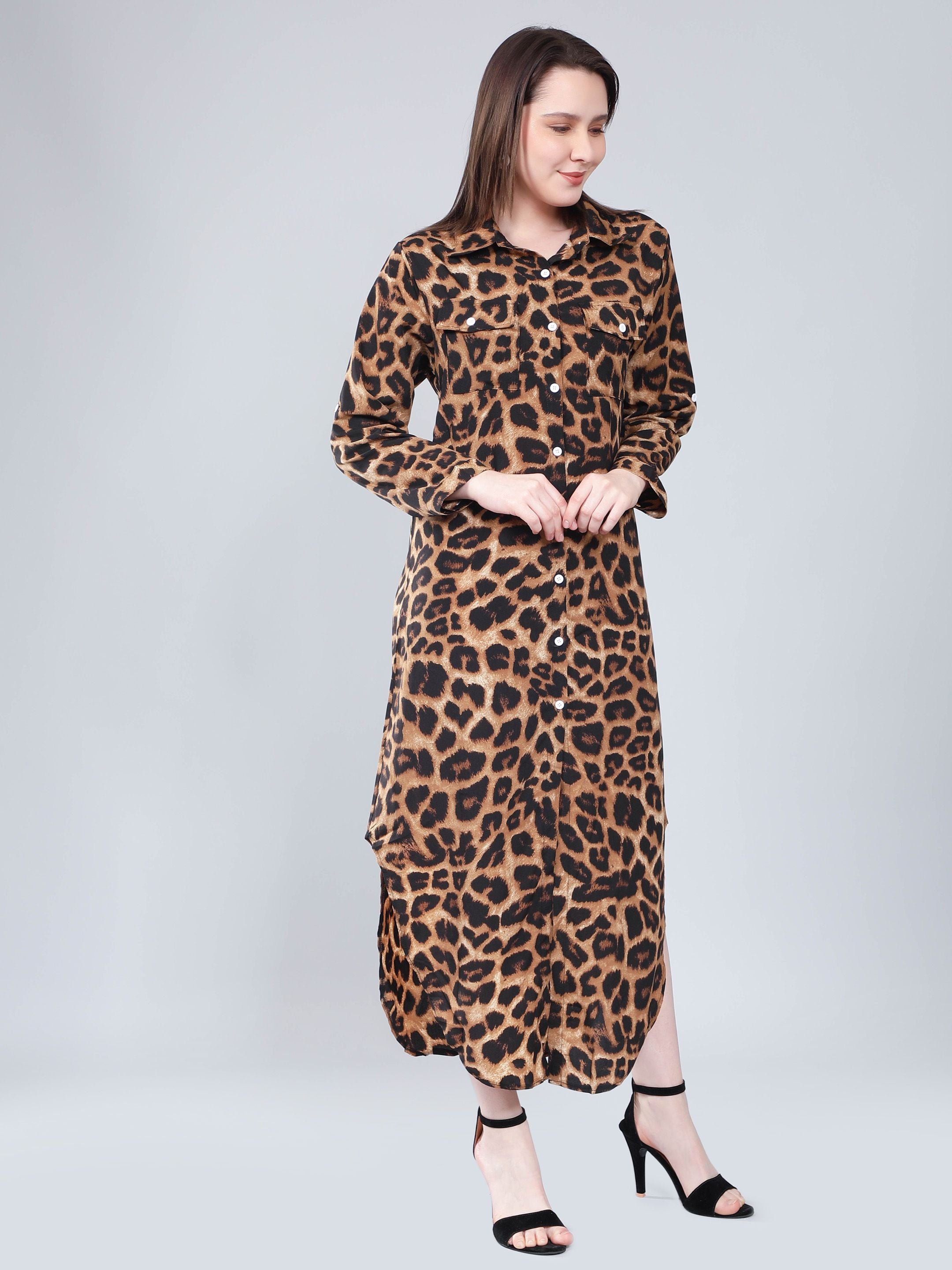 Leopard Print Long Shirt Dress