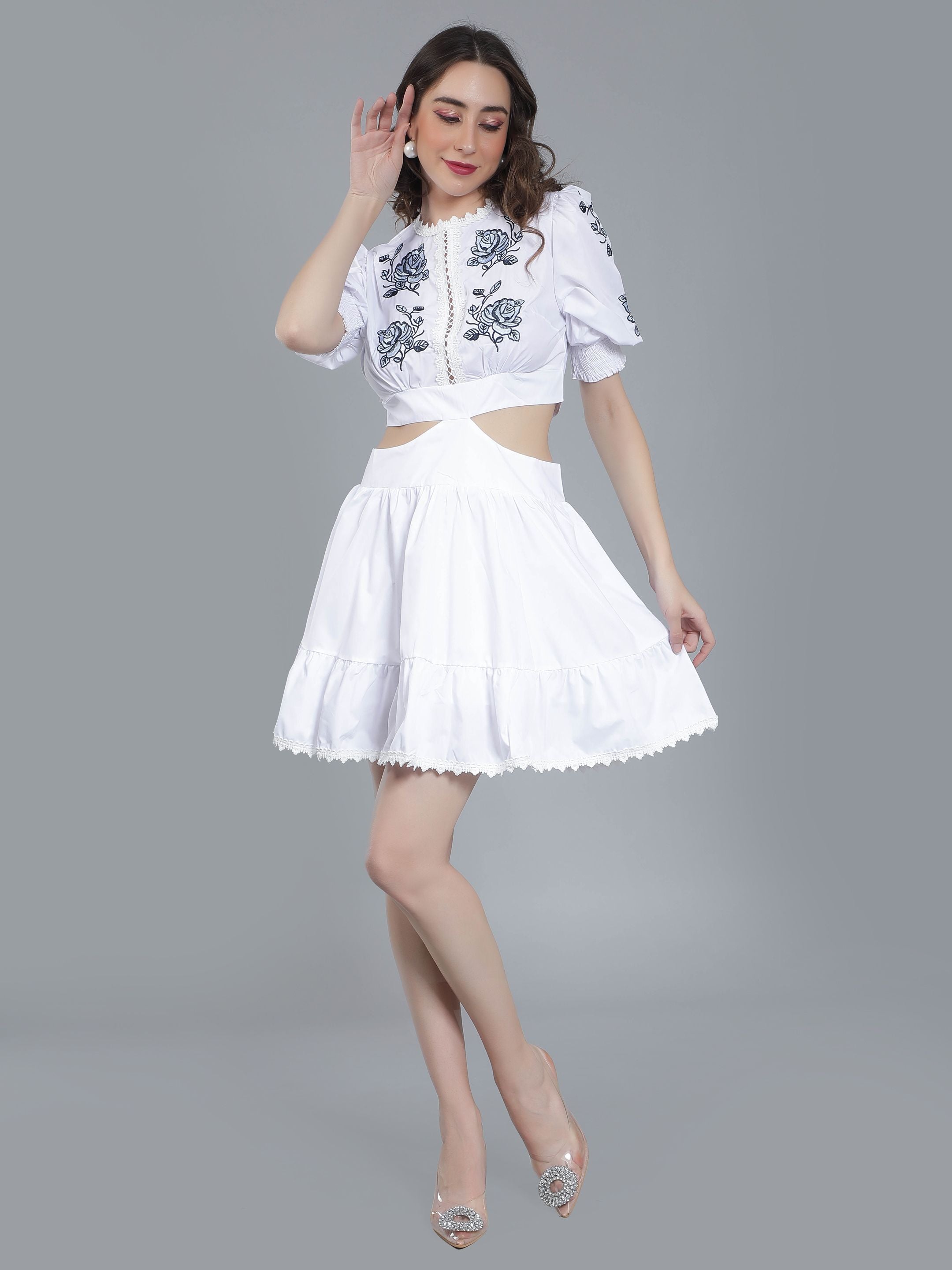 Flower Embroidery Waist Cut Out Dress