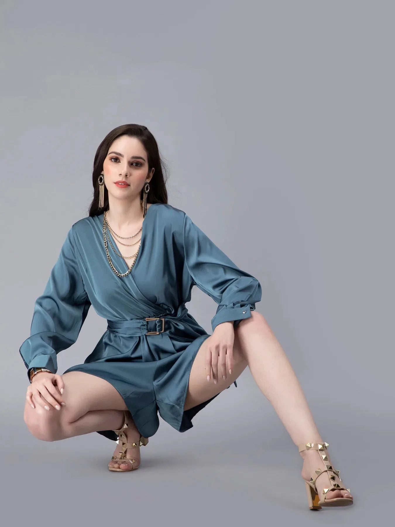 Front Overlap Flair Satin Playsuit