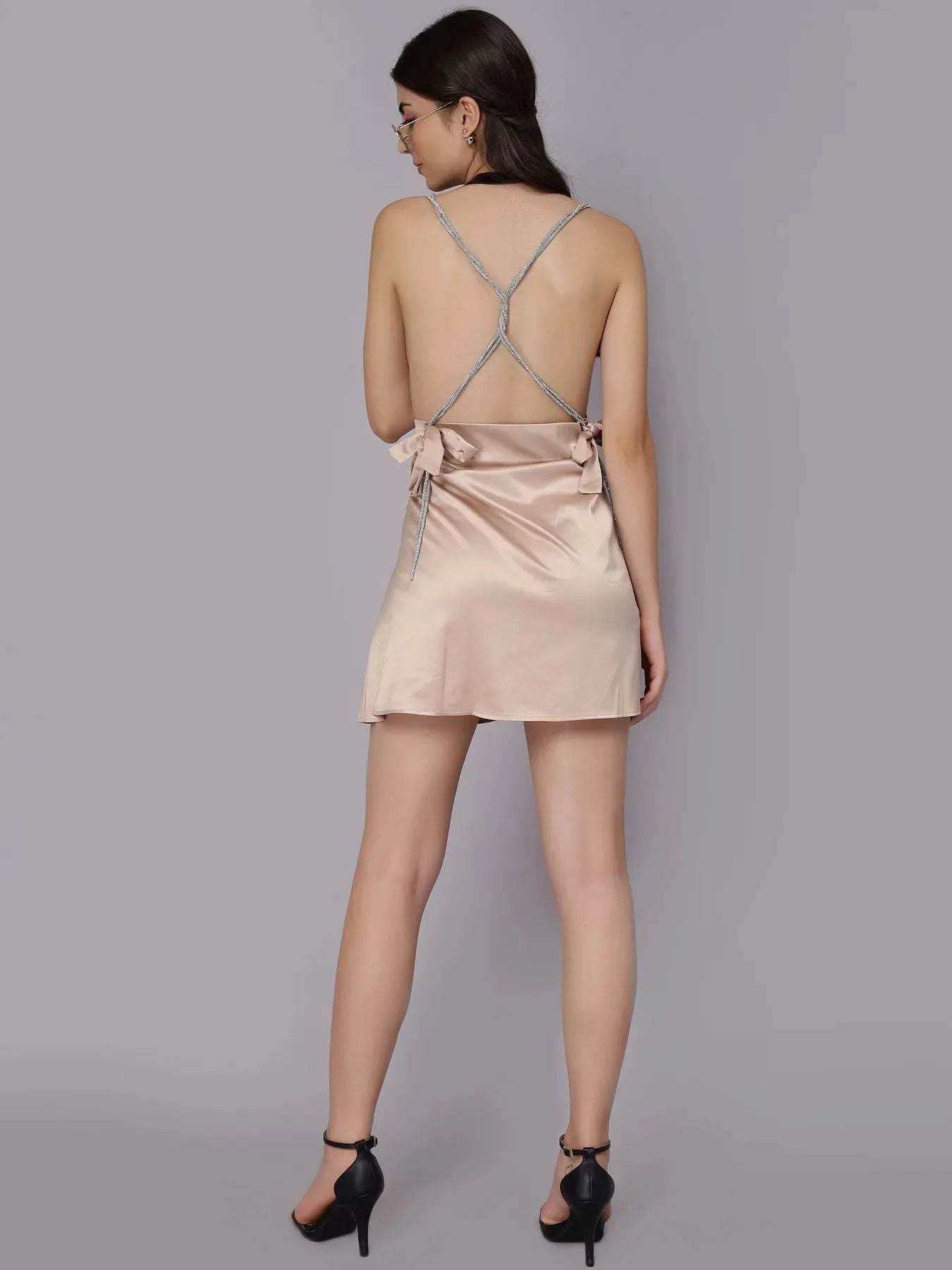 Rhinestone Strings Satin Short Slip Dress