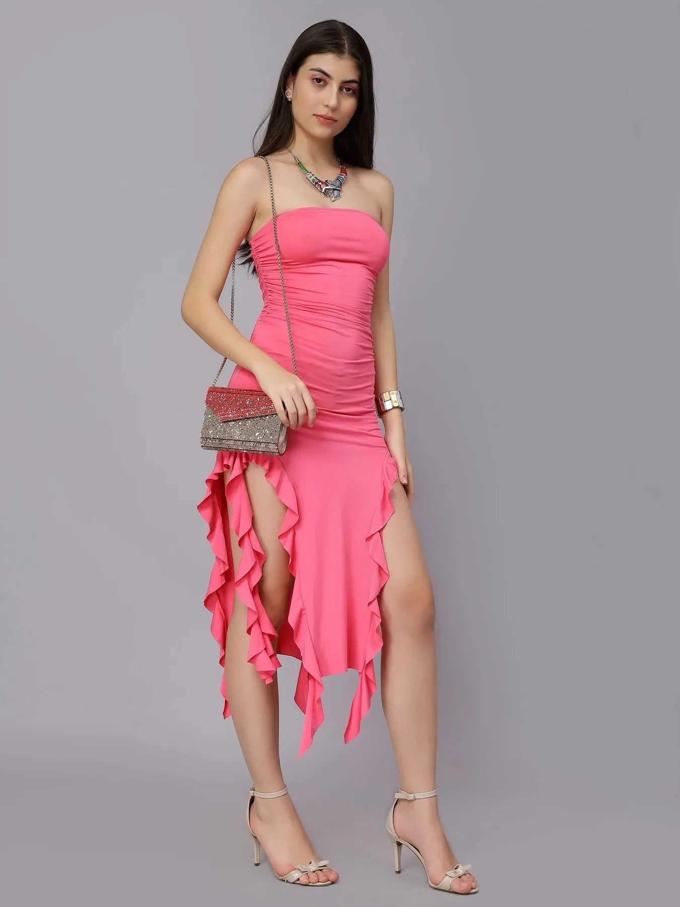Ruffle Trim Split Thigh Tube Dress