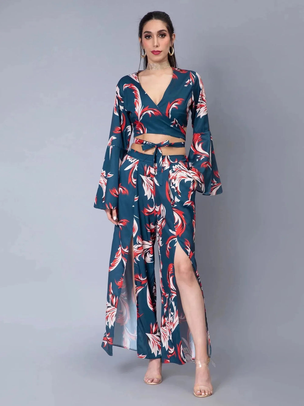 Tie Belt Wrap Top With Pants Set