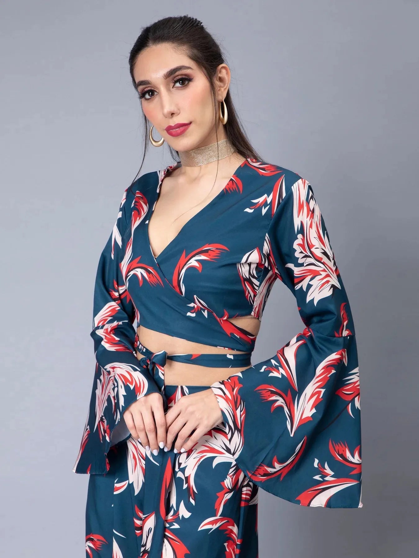 Tie Belt Wrap Top With Pants Set