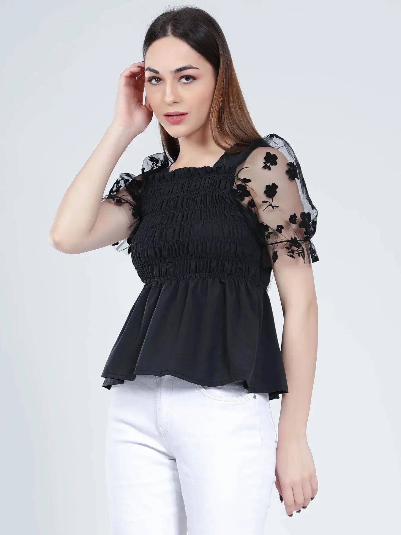 Flock Print Tulle Sleeves Smocking Top