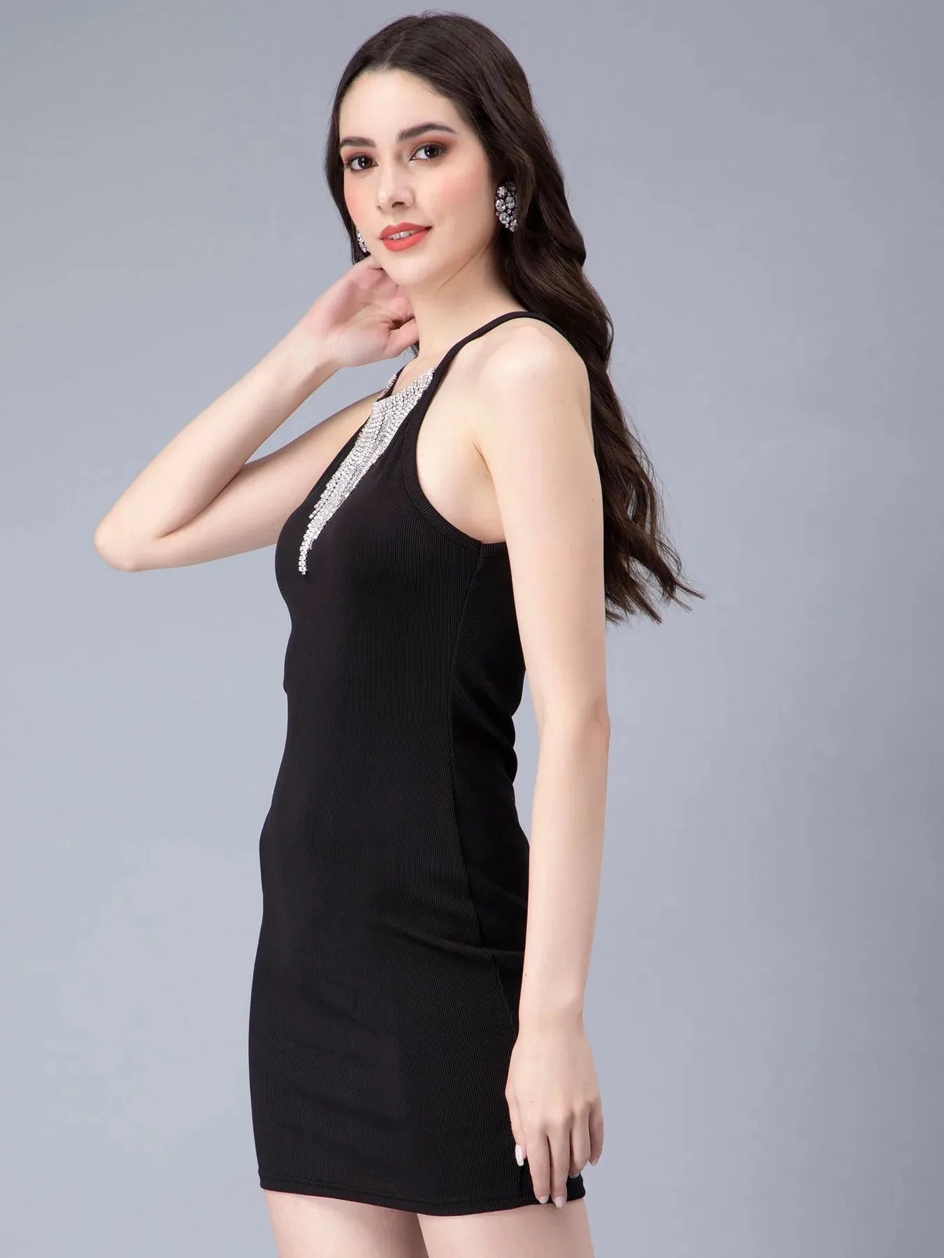 Halter Rhinestone Fringes Necklace Dress