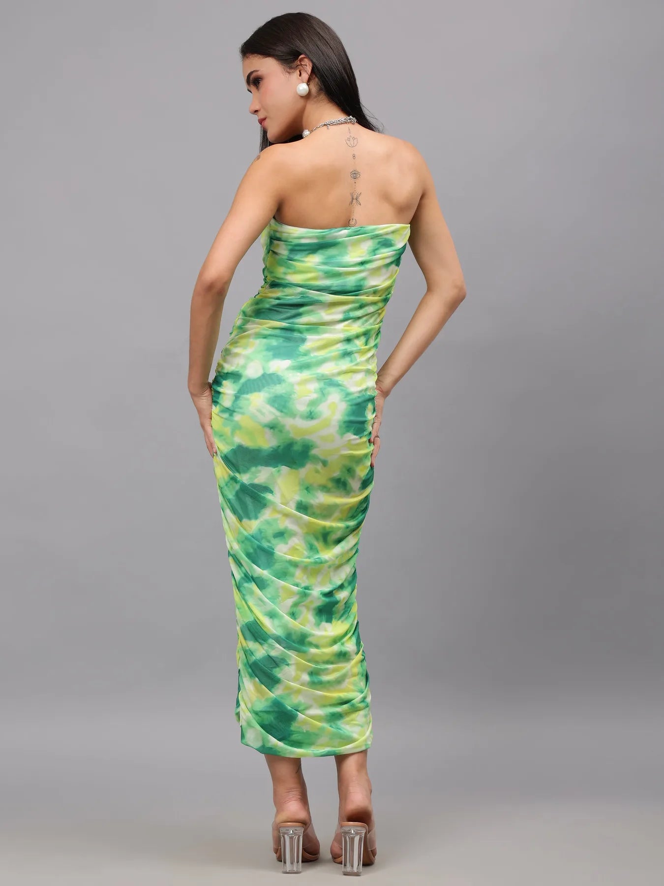 Ruched Printed Tulle Dress