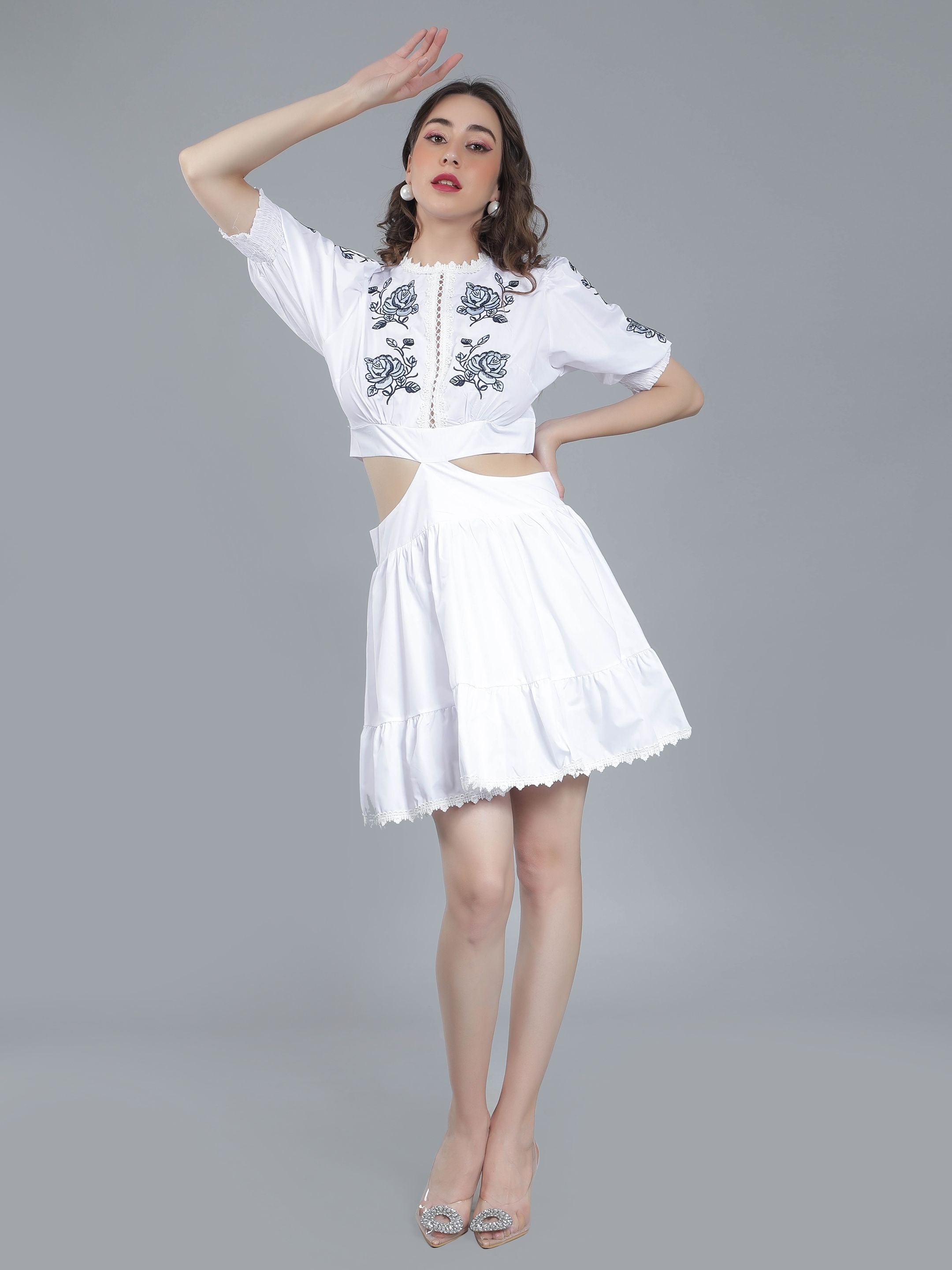 Flower Embroidery Waist Cut Out Dress