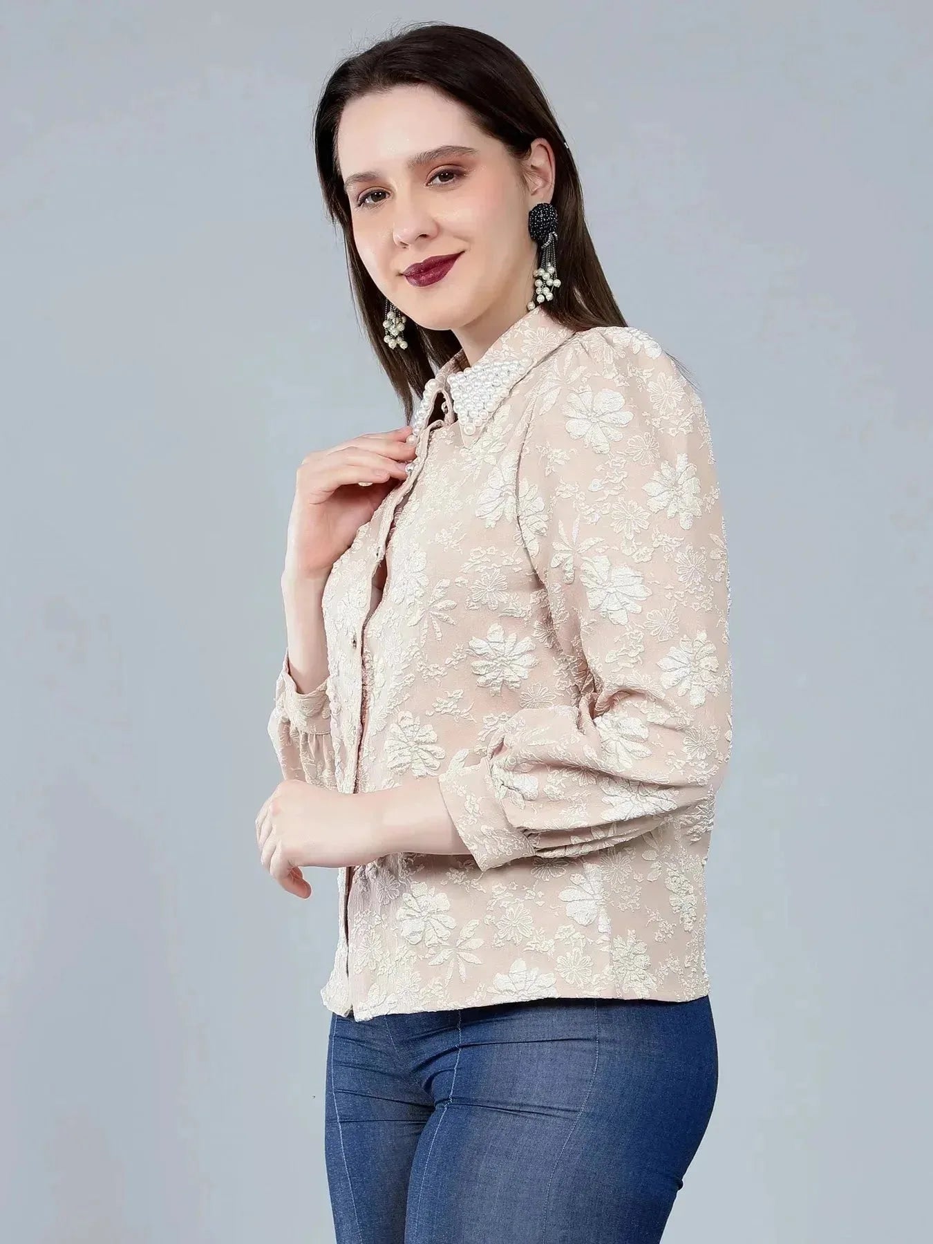 Pearl Beading Jacquard Shirt