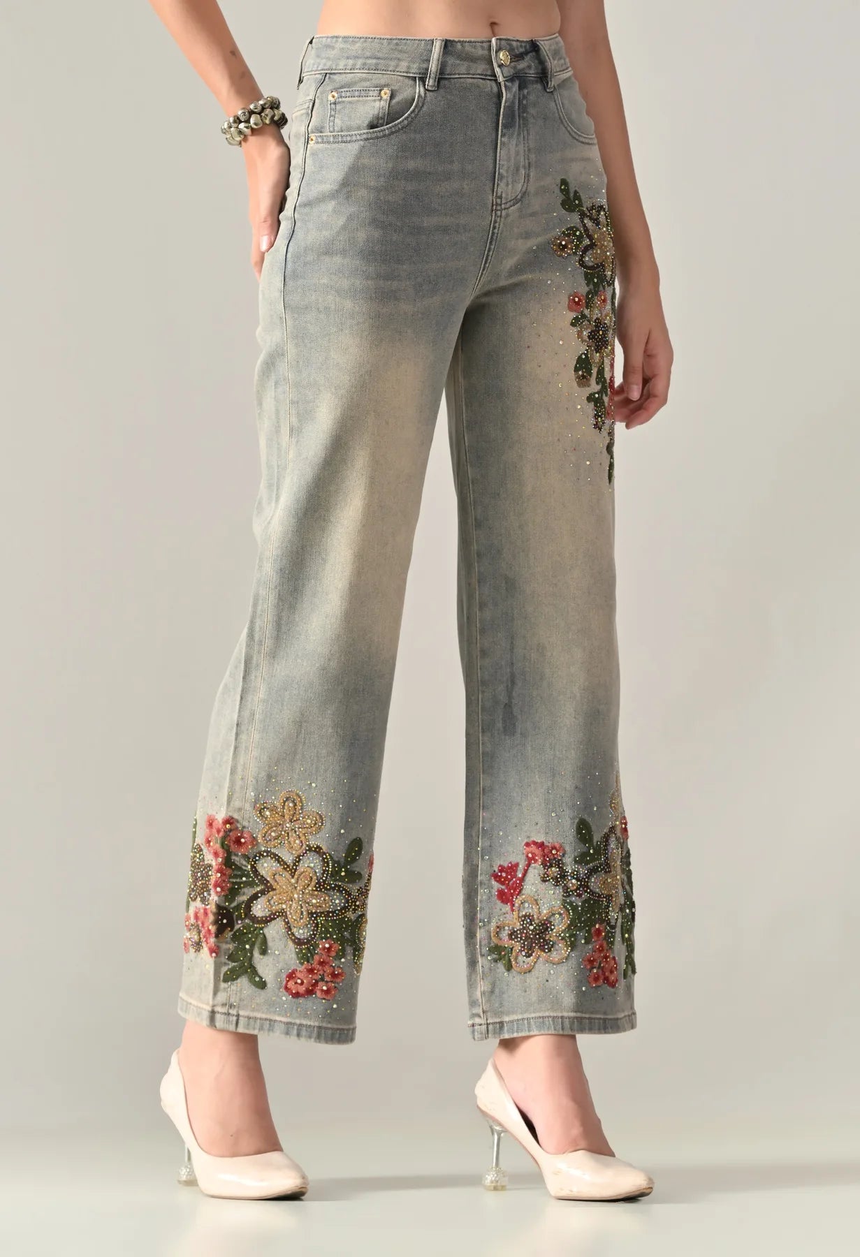 Rhinestone Embroidered Jeans