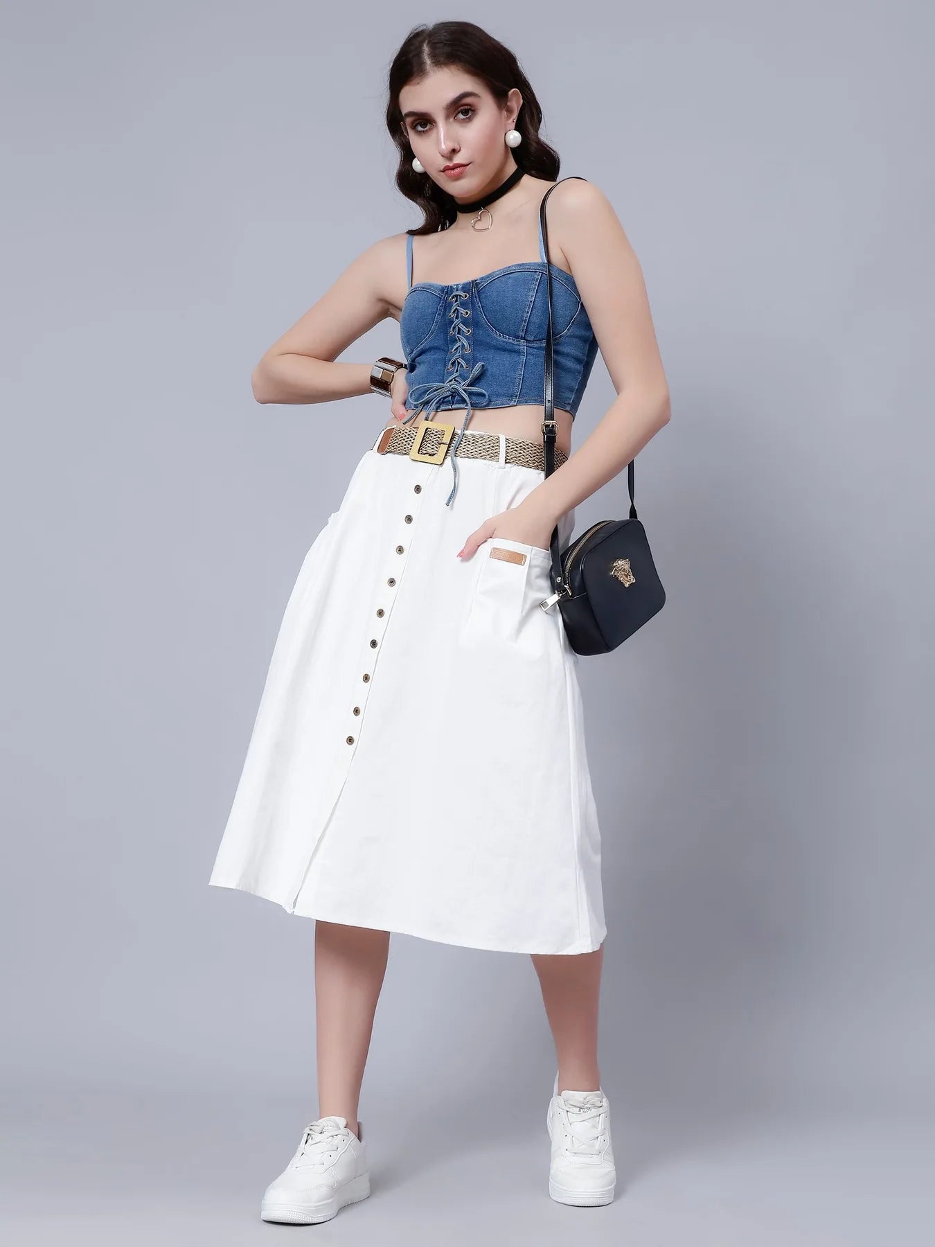 Lace-Up Denim Crop Top