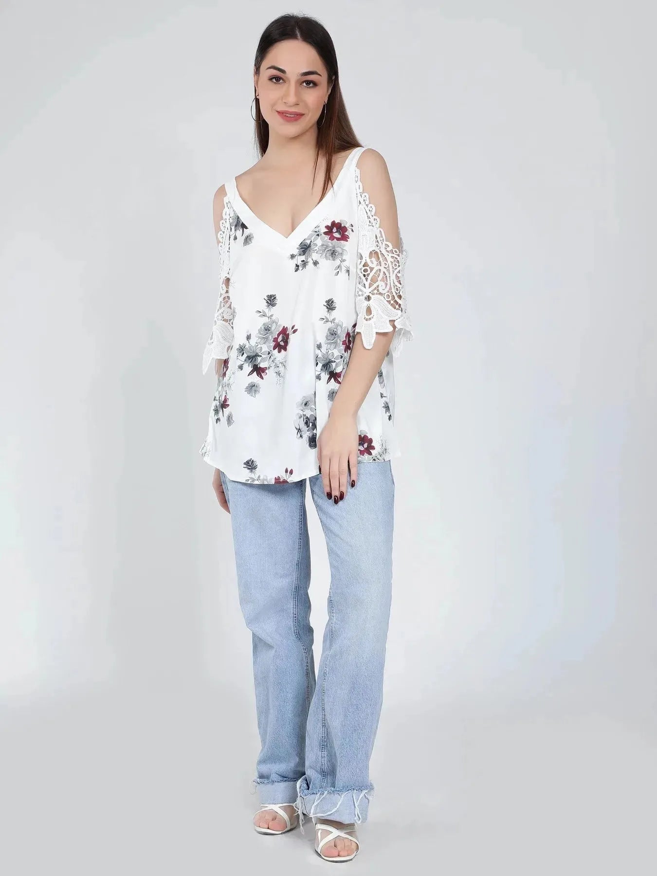 Cold Shoulder Lace Sleeves Blouse