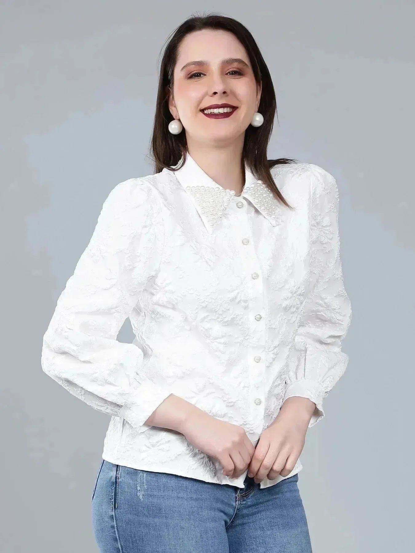 Pearl Beading Jacquard Shirt