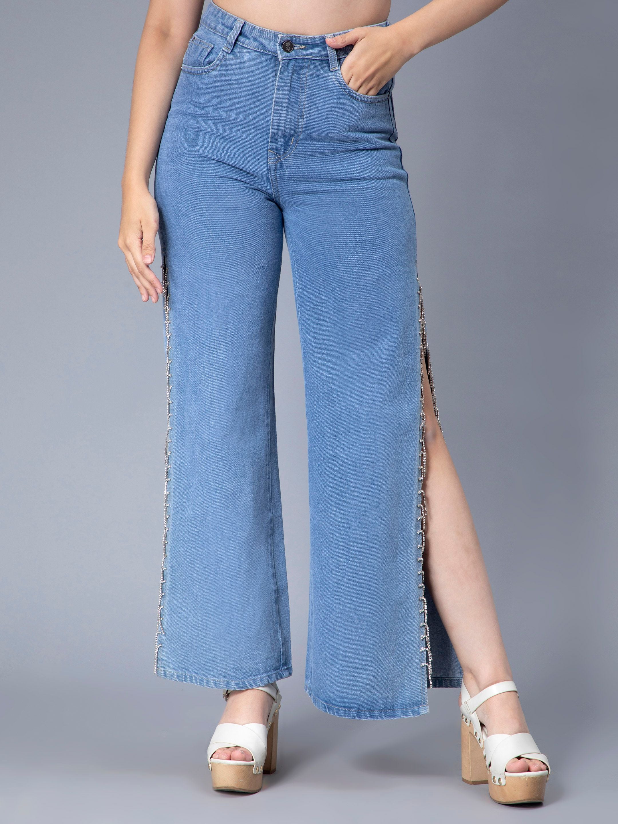 Rhinestones Fringe Side Slit Denim Jeans