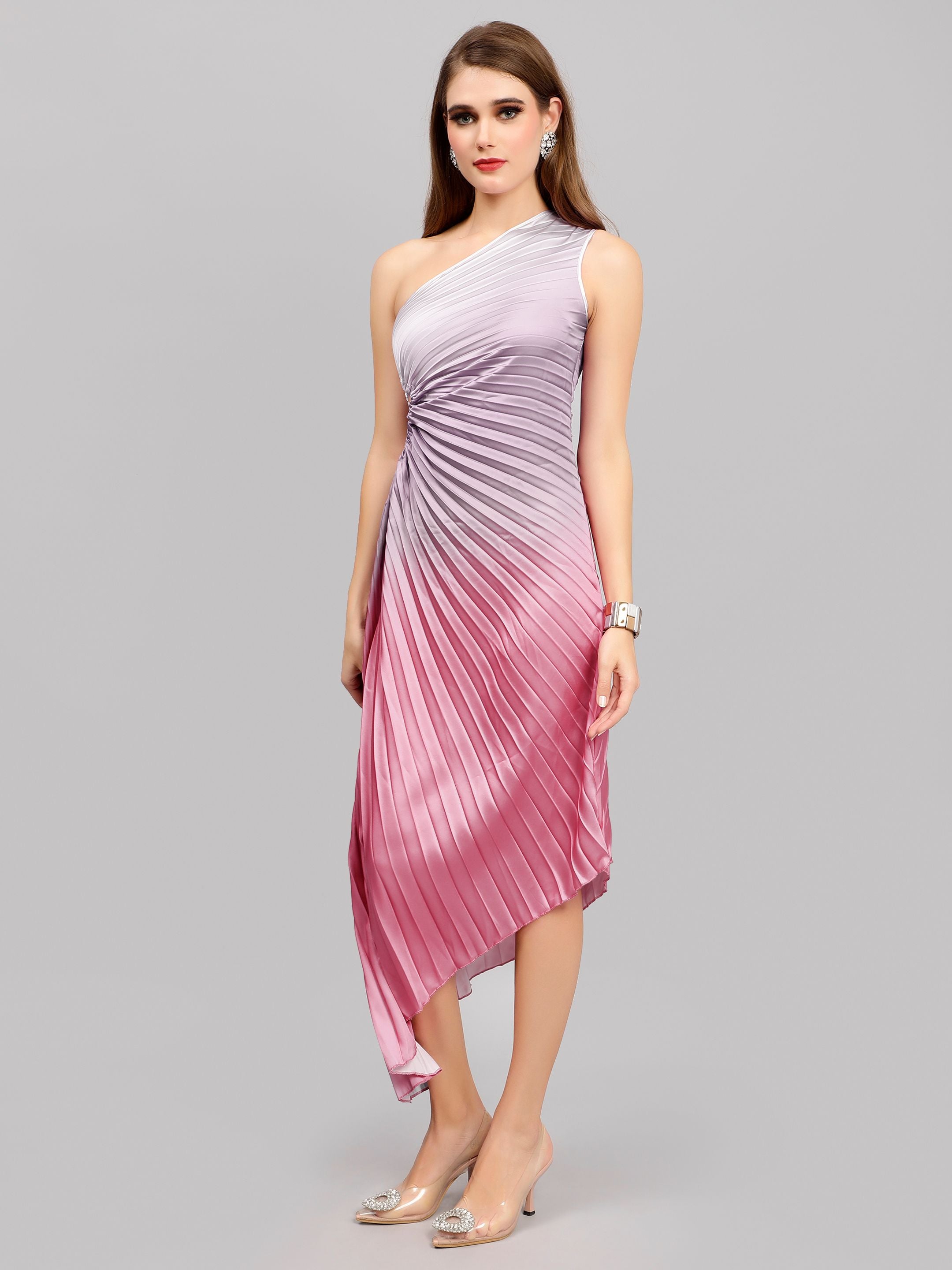 Gradient One-Shoulder Pleated Maxi Dress