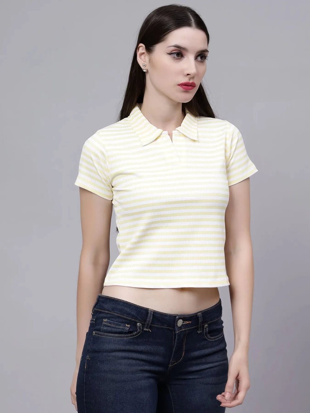 Cotton Striped Polo Neck T-Shirt