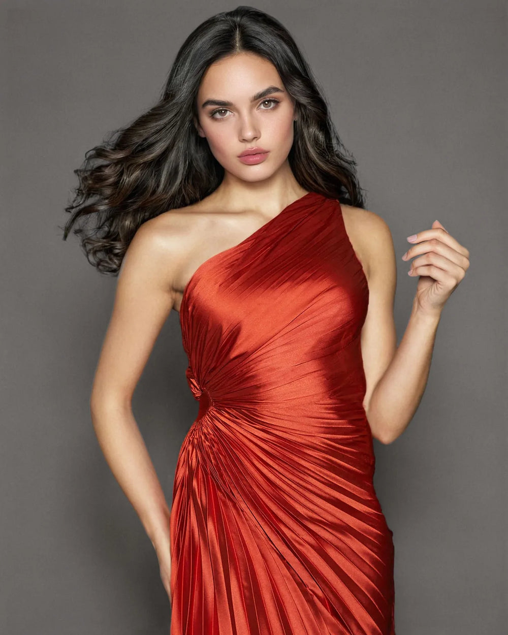 One-Shoulder Pleated Maxi Dress